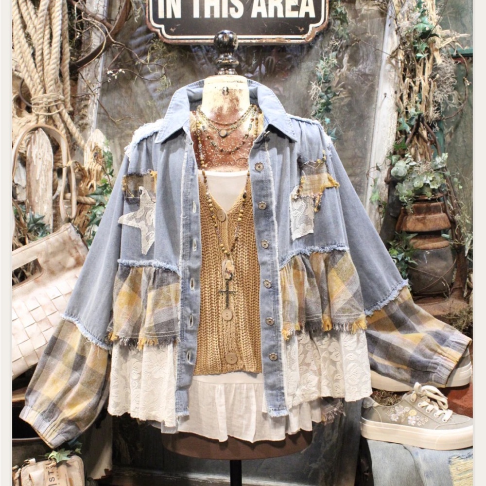 Pol Blue Patchwork Jean Jacket With Lace And Plaid - image 2